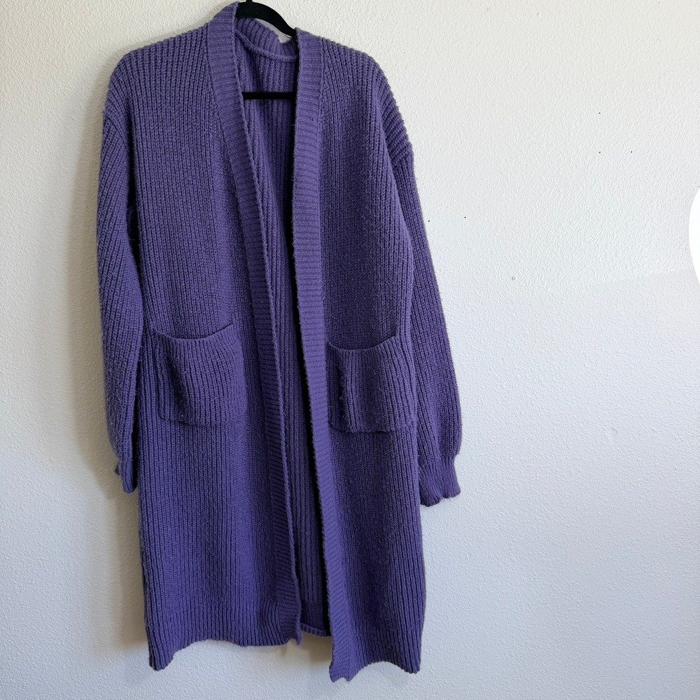 Unbranded Purple Longline Open Front Cardigan Sweater Ribbed Knit Large
